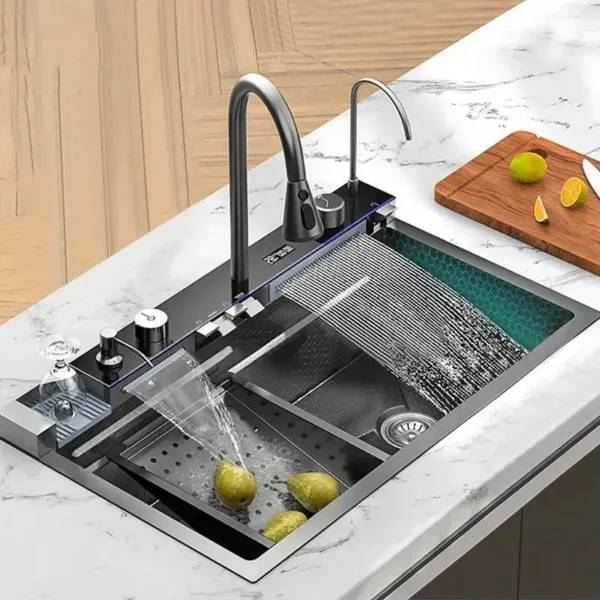 Multifunction Sink Anti-Scratch LED Digital Display Luxury Waterfall Kitchen Sink with Cup Washer